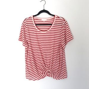 Stitch Fix Nine Britton Gathered Front Red White Striped Short Sleeve Tee Shirt